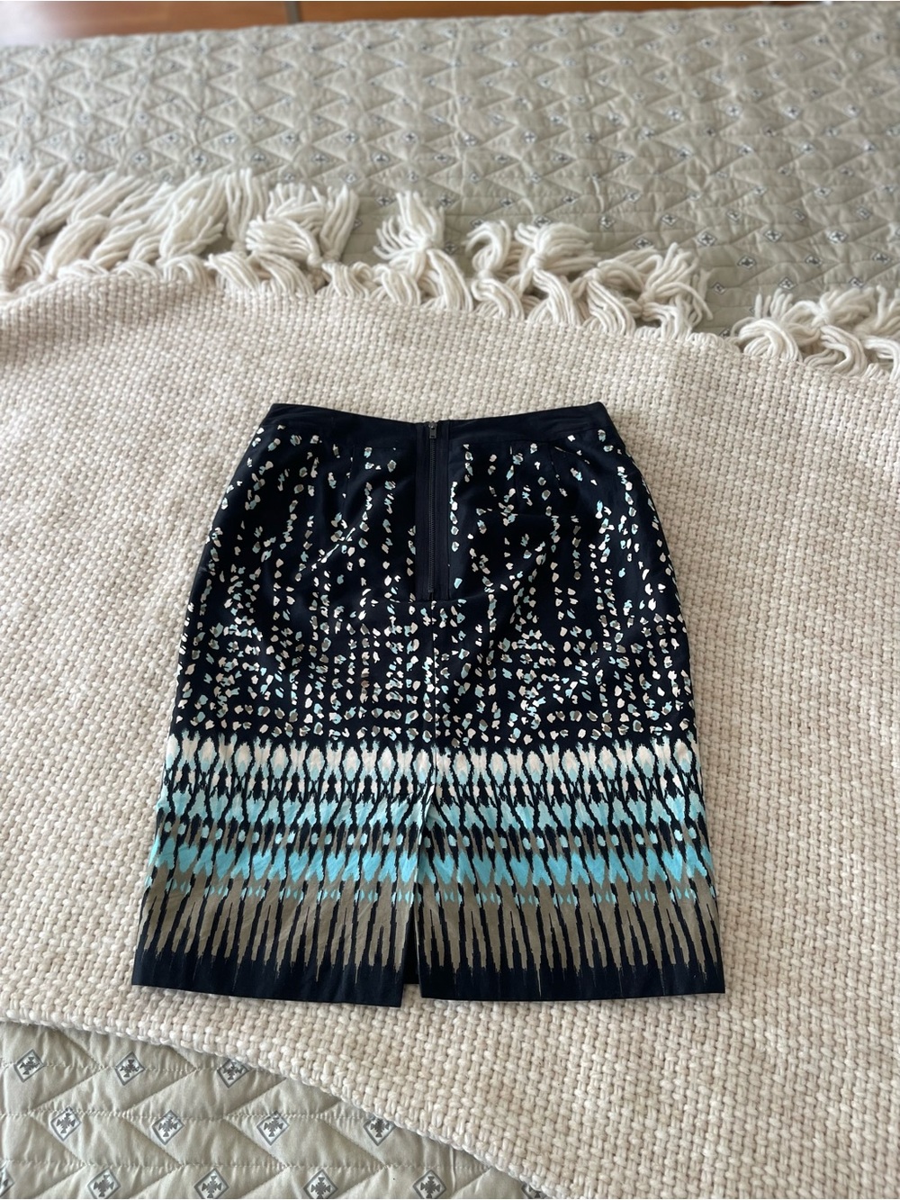 Ann Taylor Black Pencil Skirt with Aqua and Cream Pattern